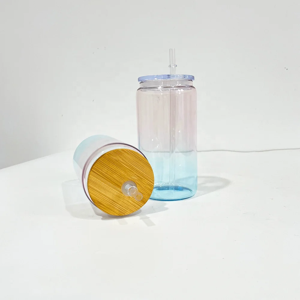 wholesale bulk 16oz ombre jelly crystal ocean glass can for UV DTF wraps 16oz glass mason jar