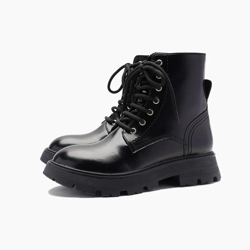 TX fall/winter ladies casual mar tin leather rubber bottom shoes lace up round toe black flat motorcycle ankle shoes boots women