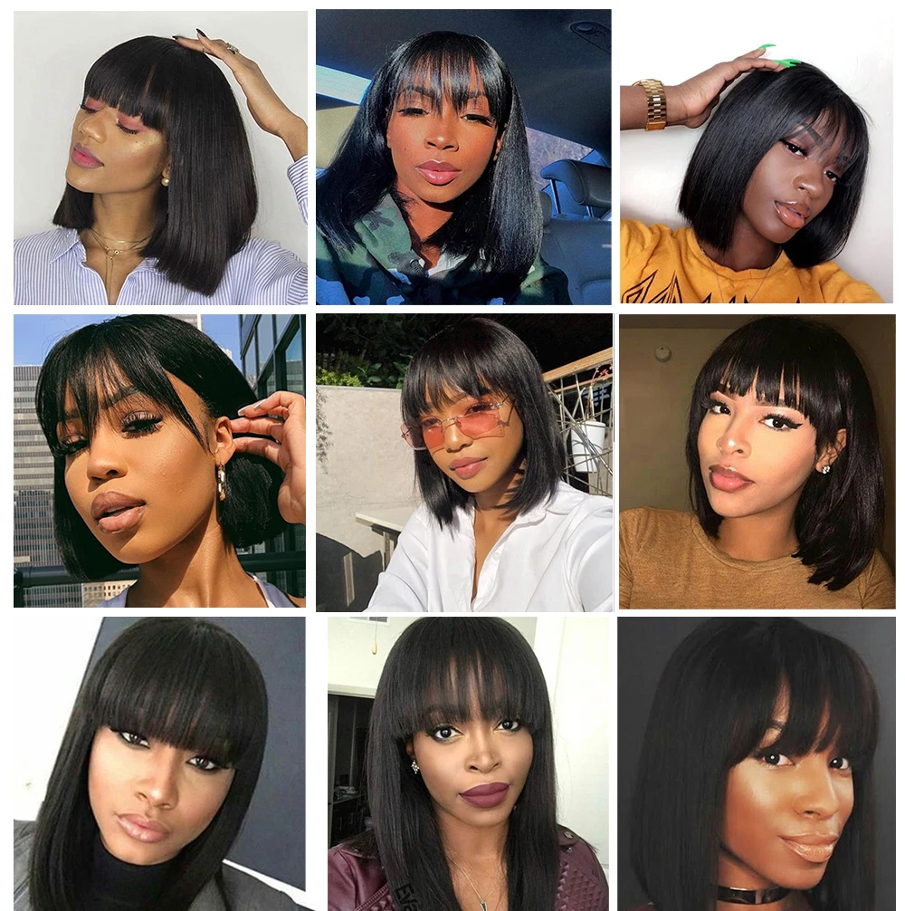 Natural Straight Short BOb Wigs With Bangs Vendors Brazilian Human Hair Wig Bulk Virgin Remy Machine Made Cheap Wigs