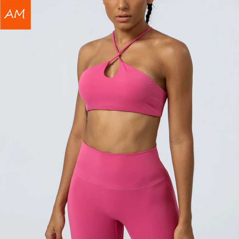 OEM Logo Thin Straps Fitness Yoga Bra Cross Back Padded Sports Bra Halter Neckline Bra For Women