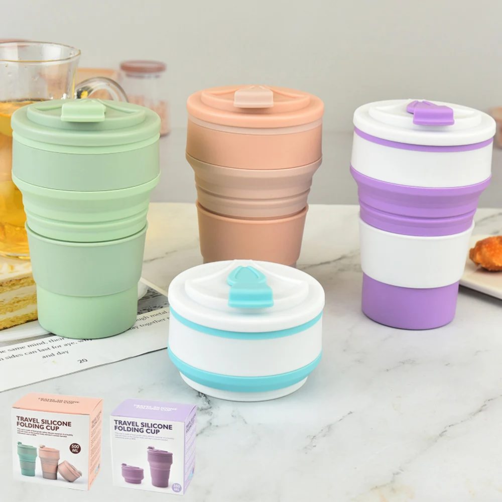 Customizable Food Grade Silicone Collapsible Travel Cup Folding Silicone Mug Portable Silicone Coffee Cup With Lid