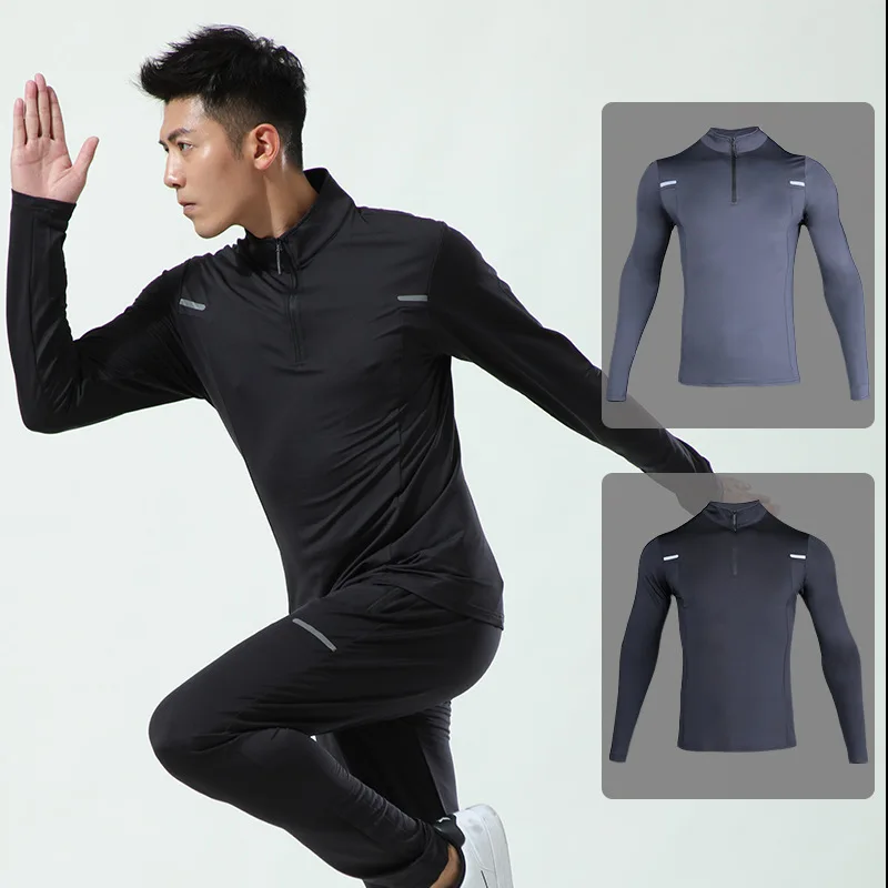 Fashion MEN Gym sport sets comfortable Jogger Pants 1/4 zipper reflective stripe tops sportswear long tracksuit