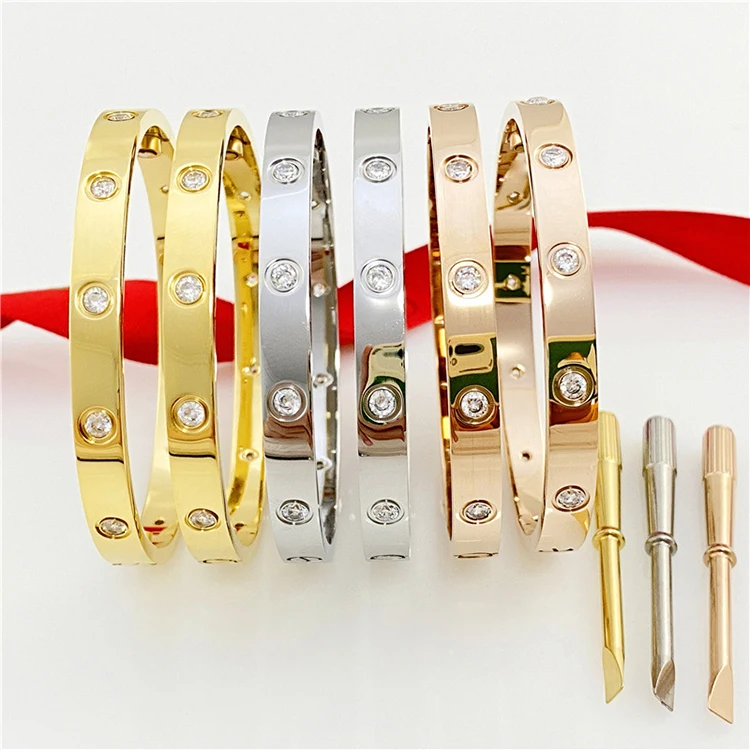 European American Hot Sale Designer Bracelet Stainless Steel Bracelet Sparkling Zircon Lovers Bangle Bracelet for Women Men