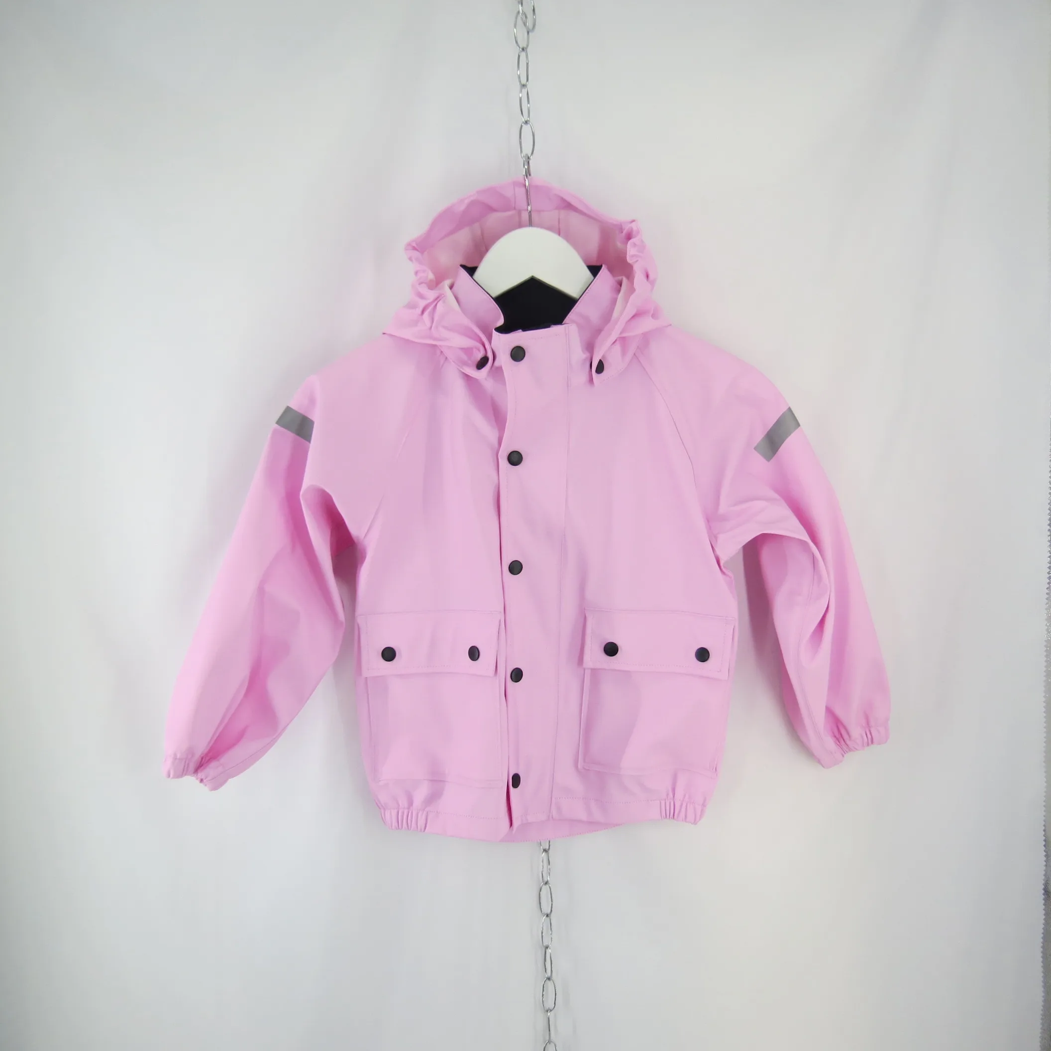 
kids soft shell pocket rain jacket breathable pu hood raincoat for girls seam welding 