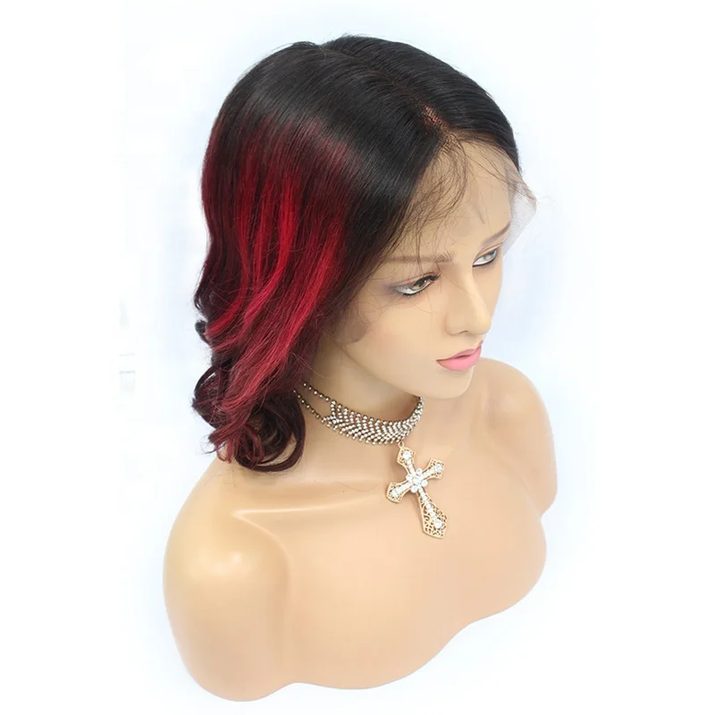 Highlight Wig Short Bob Natural Black and Red Mixed Colored Wig Human Hair Body Wavy 13*4 Lace Front Wig