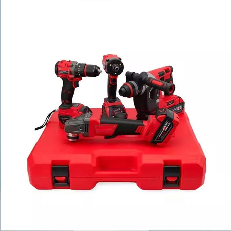 Red 10-In-1 Brushless Cordless Tool Set 4-Piece Hammer Drill Impact Wrench Angle Grinder 4 Batteries OEM Power Drills