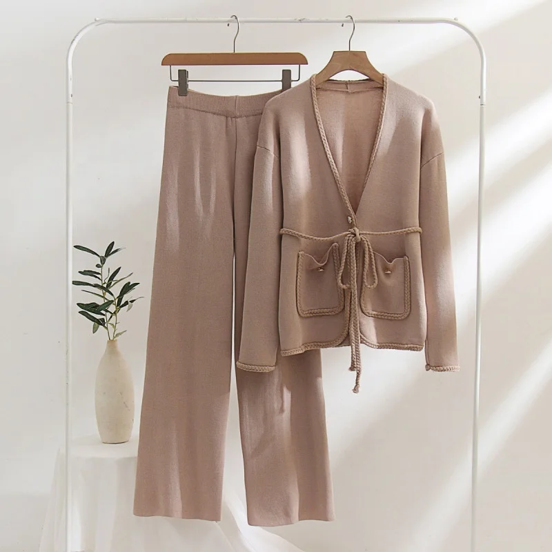 2023 Cardigan sweater two-piece set of solid color casual coat woven belt   women set