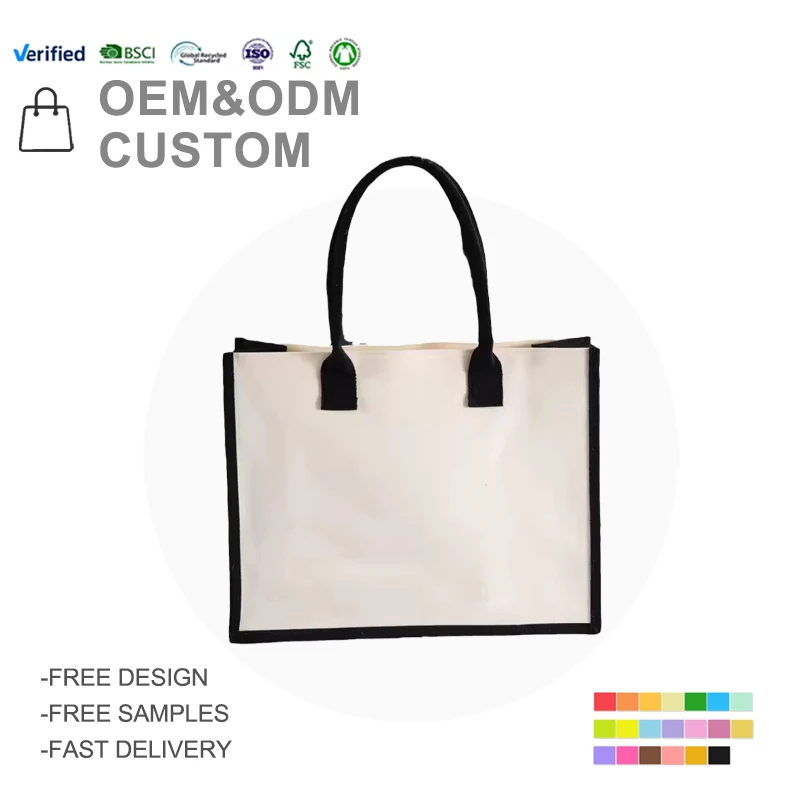 Black Beige Canvas Tote Bag with Thick Fabric and Padded Handle