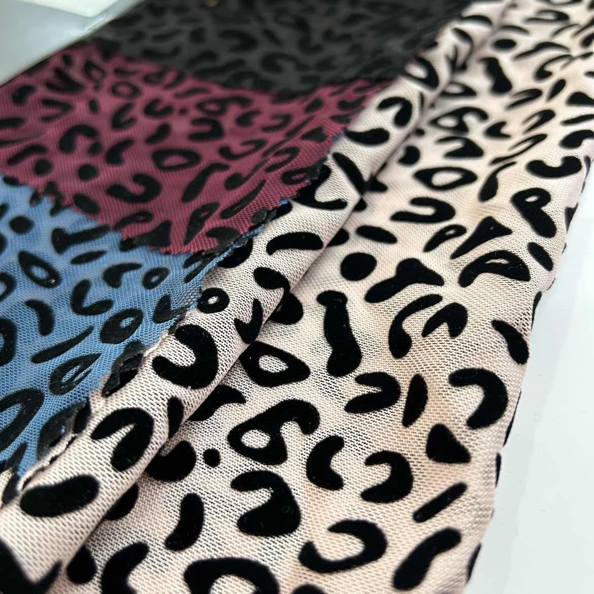 stretch flocking african lace fabric leopard print new design mesh net fabric flocking for dress