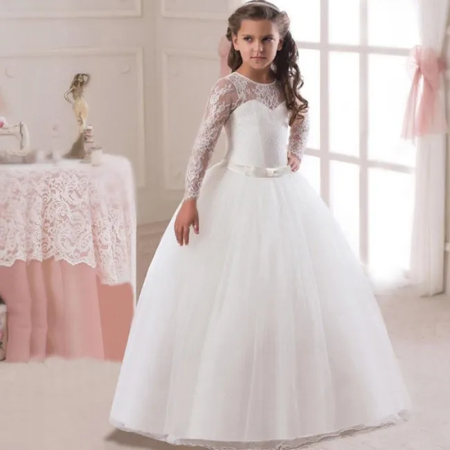 
4 -14Y Kids Girls Long Lace Flower Party Prom Dresses Kid Girl Princess Wedding Long Sleeve Children First Communion Dress Y1067 