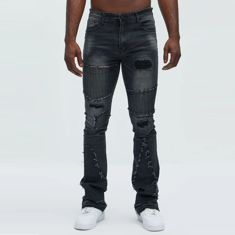 Custom High Quality Slim Flare Jeans Men Stretch Ripped And Repair Wash Straight Hip Hop High Street  Denim Pants