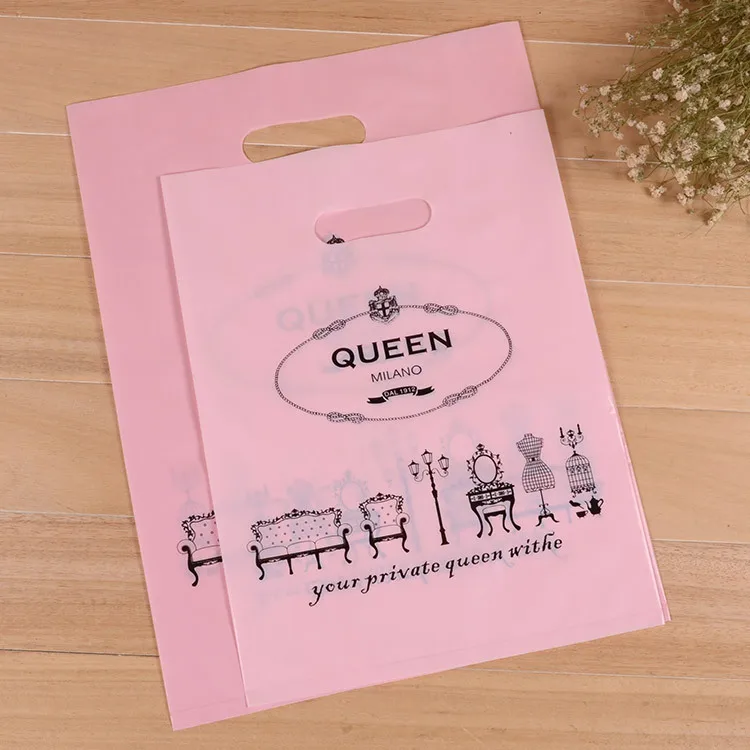 Custom Logo Printed Fold Plastic Pink Thank You Die Cut Handle clear Carry Shopping Packaging Bags For Boutique Retail Shopping