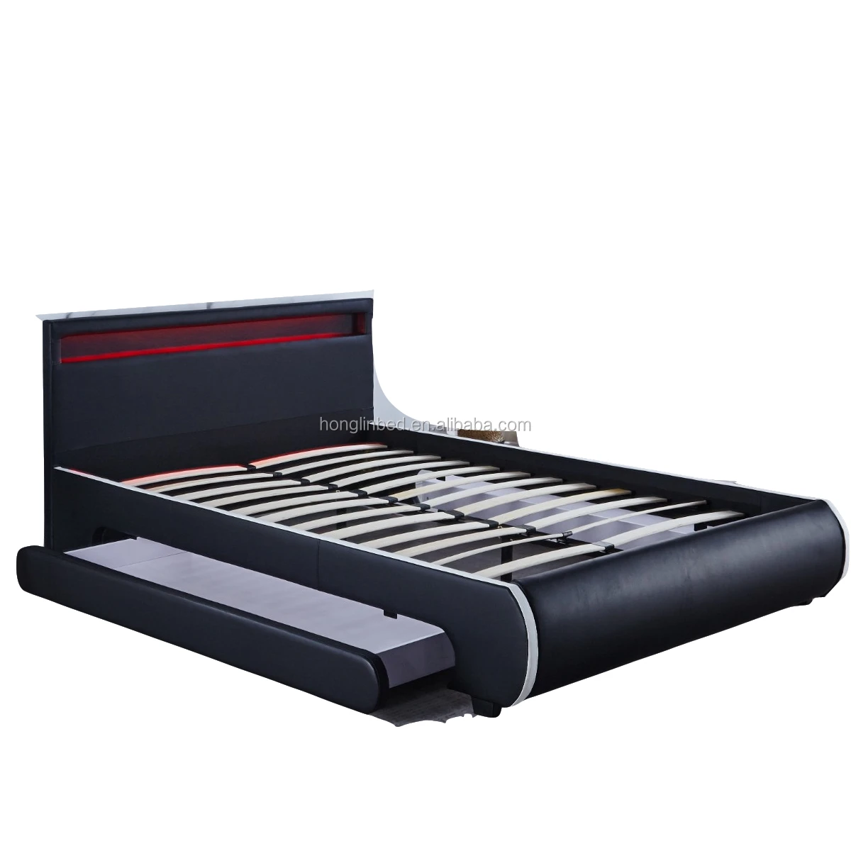 Modern black bed with decorative lights  stylish queen size bed platform frame bed