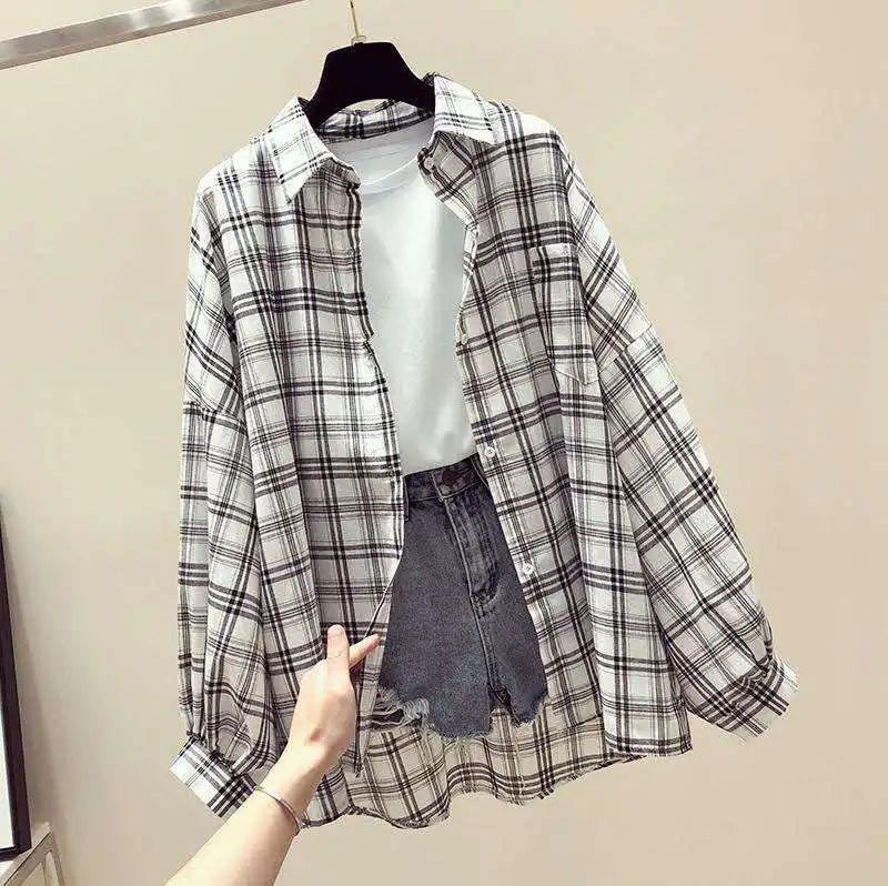 Wholesale Fashion Cheap Price Women  Plaid Blouse Ladies turn-down Neck Top and Shirt Blouse