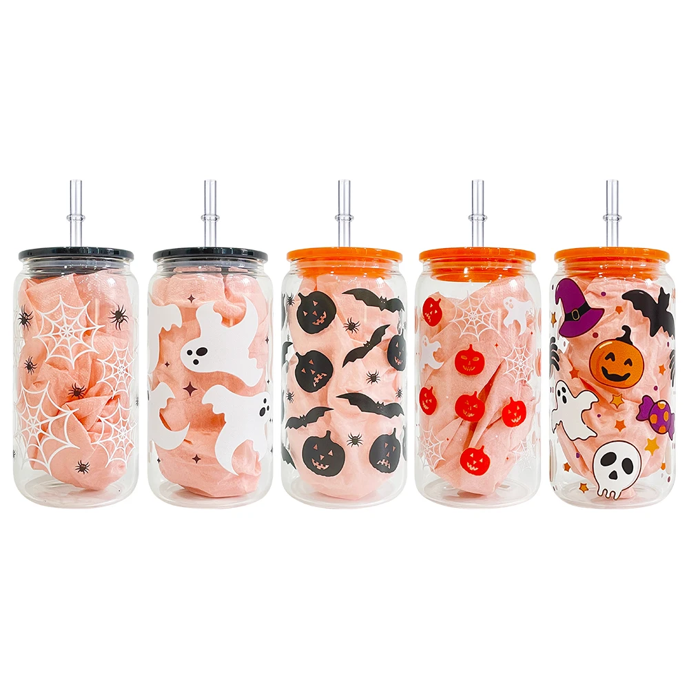 3D touch UV printing Halloween design 16oz clear glass can with Orange black color plastic lid and clear straws for drinking