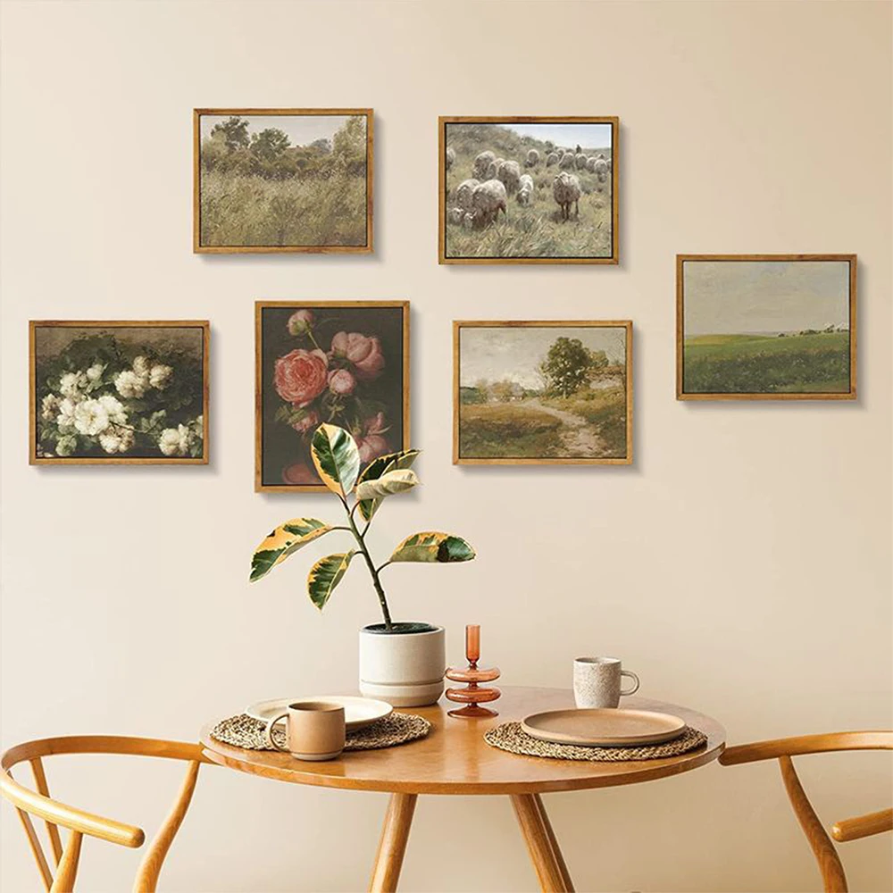 Framed Canvas Wall Art Vintage Decor, Classical Scenery Oil Painting, Home Wall Decor for Bedroom Living Room Bathroom Decor