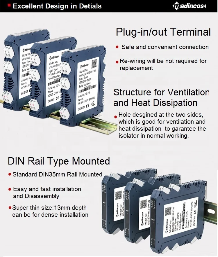 MSC90A:0.2%DIN Rail Isolated 0-20ma/0-10ma/4-20ma/1-5v/0-5V/0-10VDC Analog Signal Isolator Converter Powered in 24VDC/100-265VAC