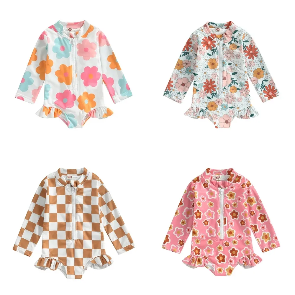 Fashion Children Kid Girl Swimsuits Checkerboard/Floral Print Long Sleeve Zipper Ruffles Bodysuits Bikinis Bathing Swimming Suit