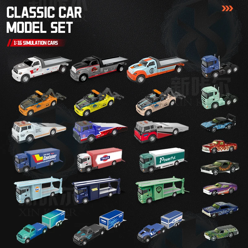 1:64 Mini Diecast Truck Trailer Baby Play Toy Set High Quality Metal Vehicle Shape Design Brand Car Model Pull Back Gift Choice