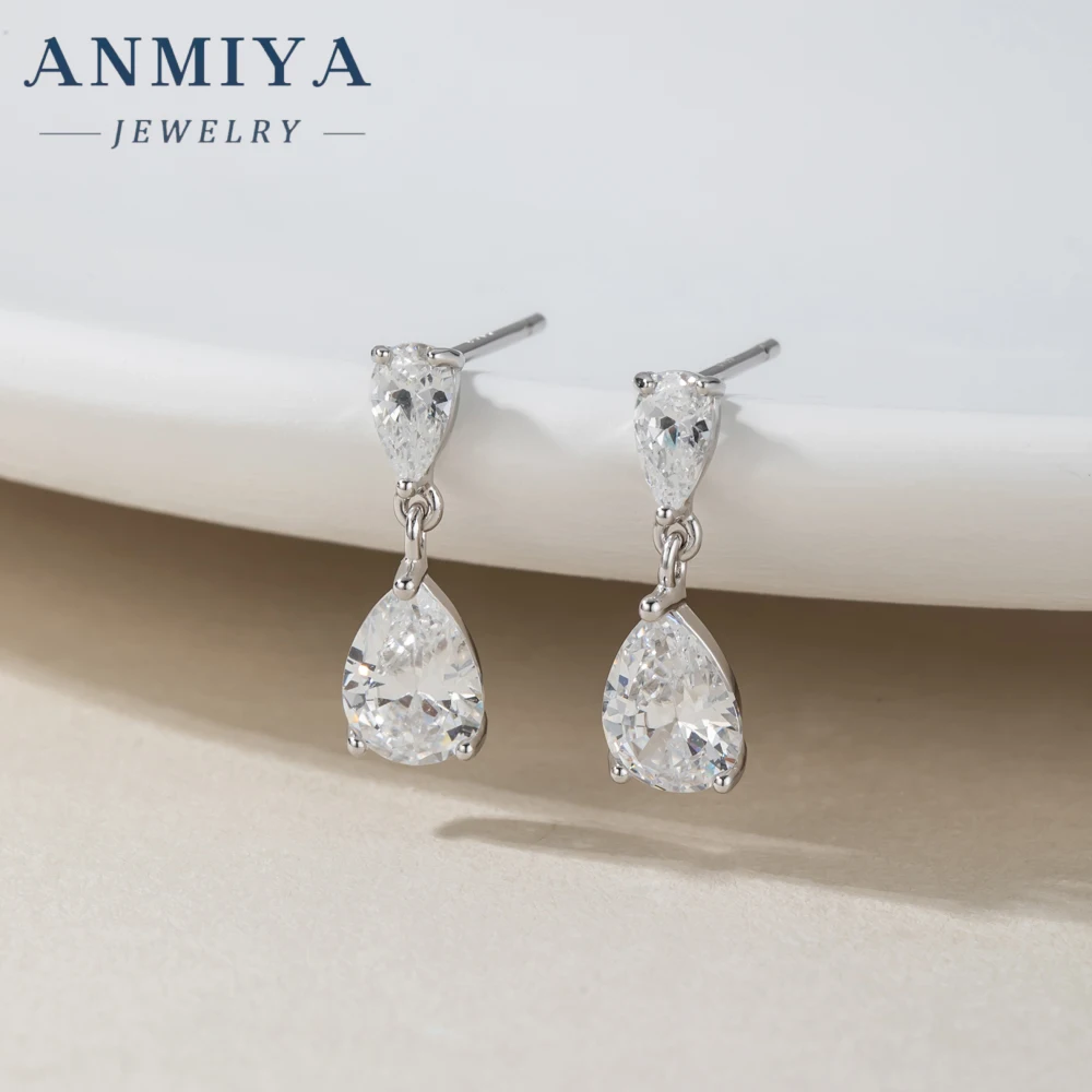 Shiny White Cubic Zirconia Water Drop Earrings for Brides Wedding Evening Party Costume Jewelry Accessories Rhodium Plated