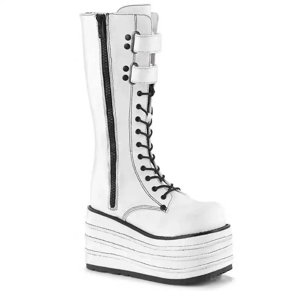 big size Fashion Women Chunky Sexy Platform Knee High Boots High Heel Round-Toe Zip Punk Goth Mid Calf Boots