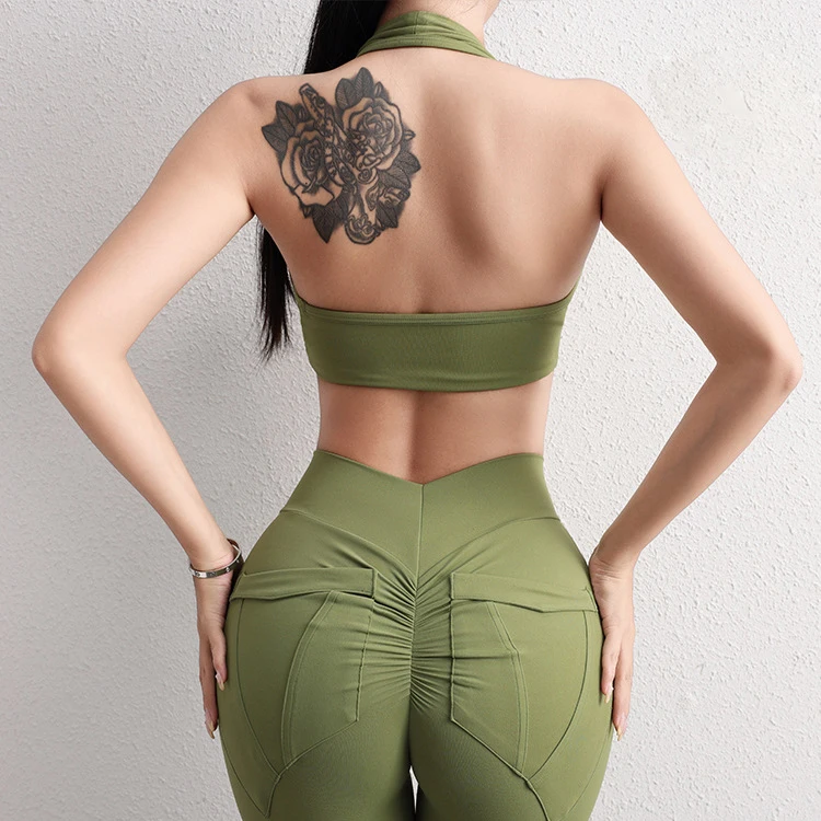 Custom Women Compression Supportive Stretchy Twist Halter Neck Sports Bra With Removable Padding