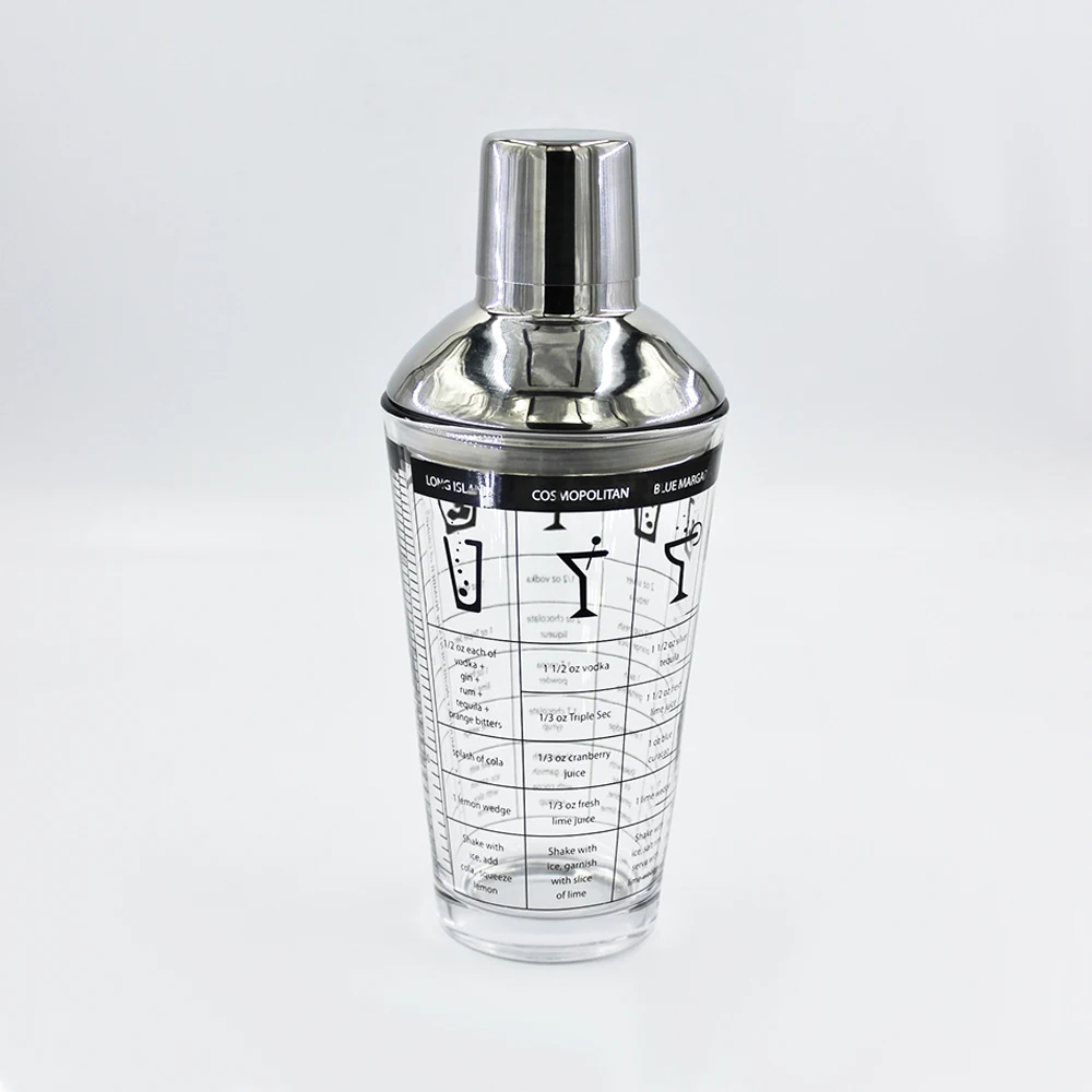 15 oz glass bar martini shaker sealing lid built-in strainer transparent cocktail shaker with recipe guide