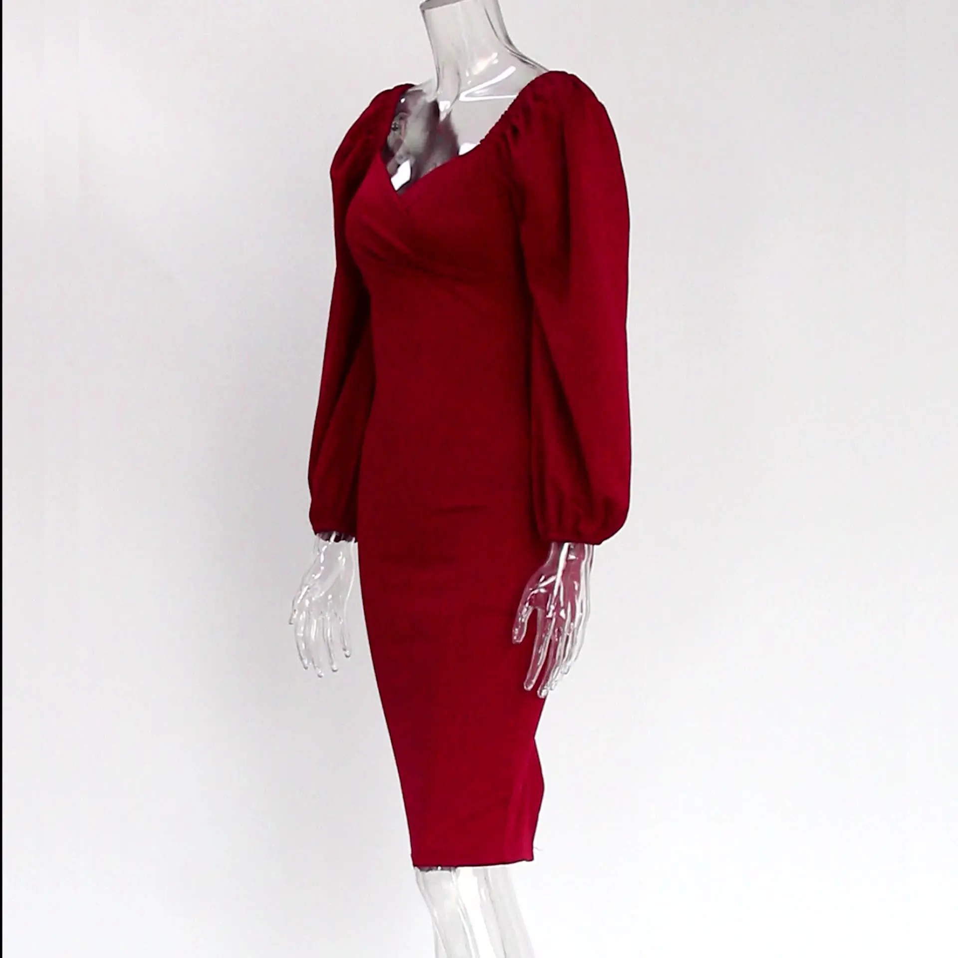 Party clothes deep v neck low cut out long puff sleeve sexy styles back slit slim wine red bodycon midi prom wedding dresses