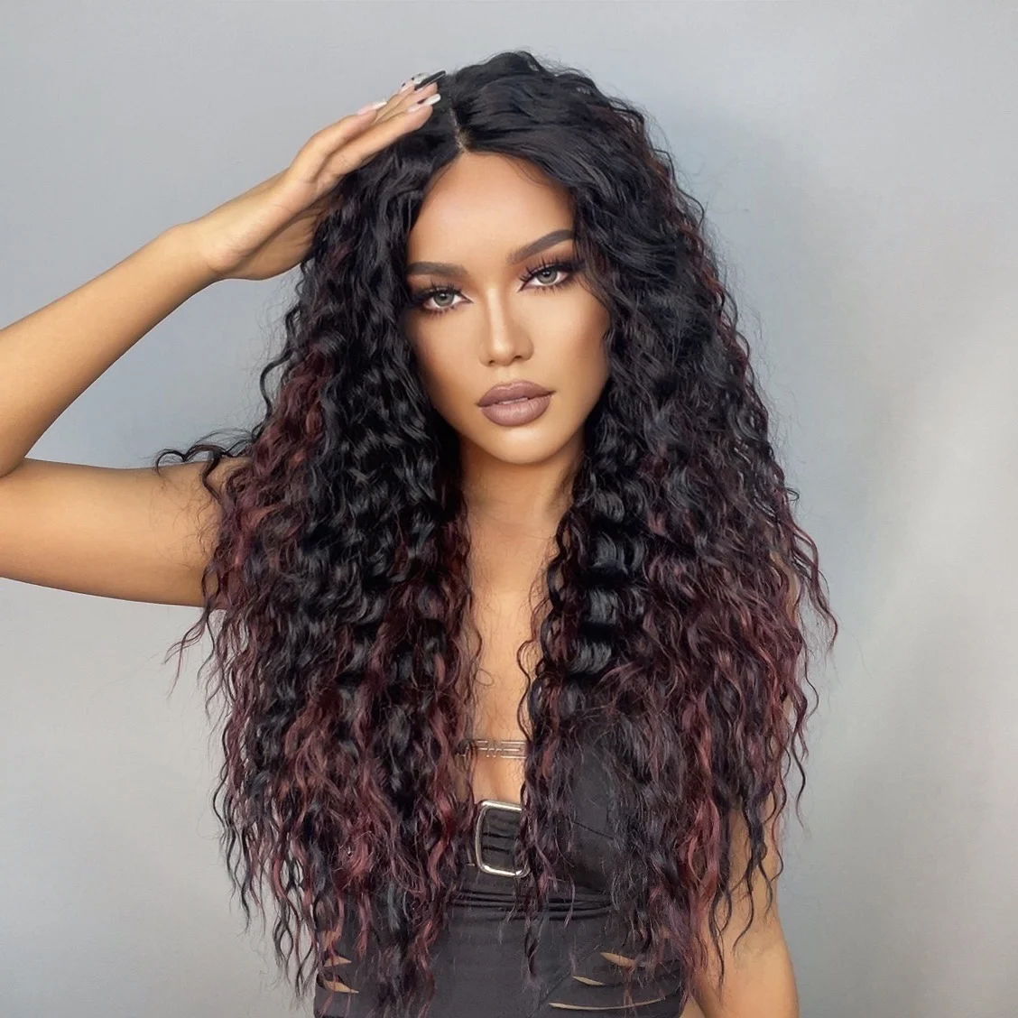 Wholesale Hair Wigs Long Kinky Curly Mixed Color Lace Frontal Synthetic Wigs for Black Women
