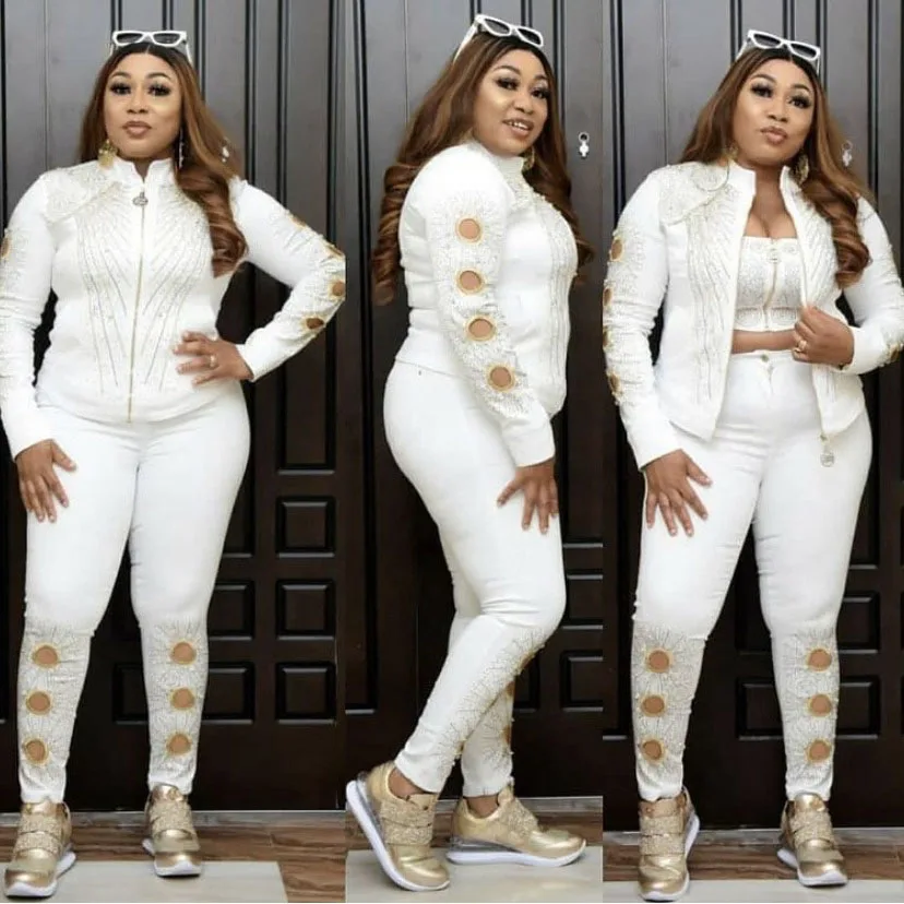 Women 3 Piece Set Zipper Jacket Sexy Crop Top High Waist Pencil Pant Tracksuit Fashion Casual Jeans Outfit For Ladies