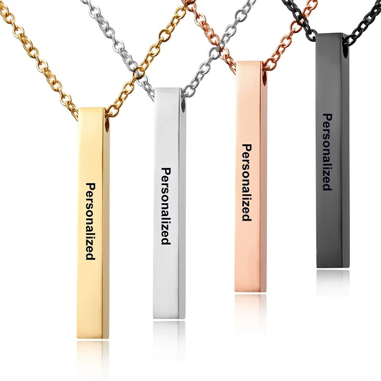 Custom Personalised Message Name 18k Gold Necklace Fashion Stainless Steel T Thin Blank Vertical Bar Pendant Chain Necklace