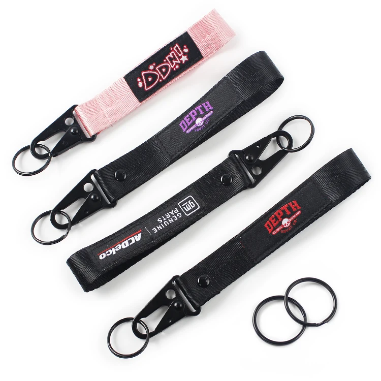 High Quality Fashion Polyester Logo Custom Two Sided Woven Wrist Lanyard Keychain For Keys Short Lanyards