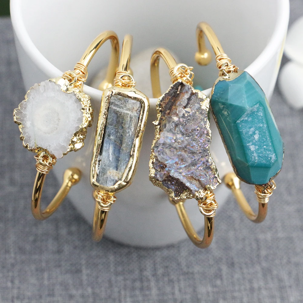 LS-D1374 Wire Wrapped Natural Solar Quartz Druzy Bangle Natural Sun Flower Bracelet Blue Kyanite Bangle