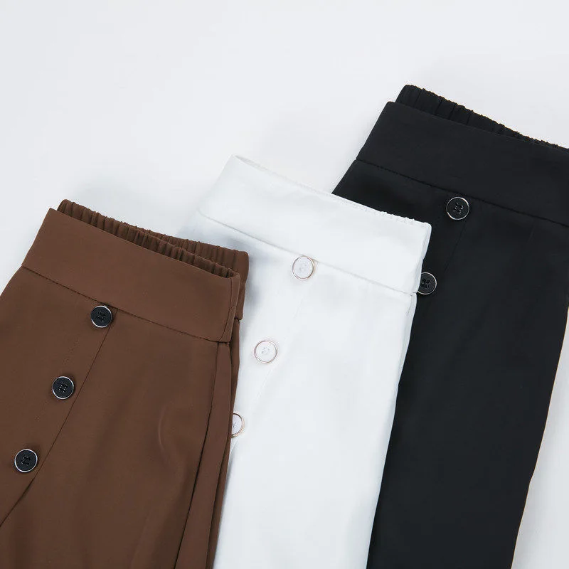 Women Vintage High Waist Drape Pants Summer Button Wide Leg Ankle-Length Trousers Office Lady Casual Baggy Pants Plus Size