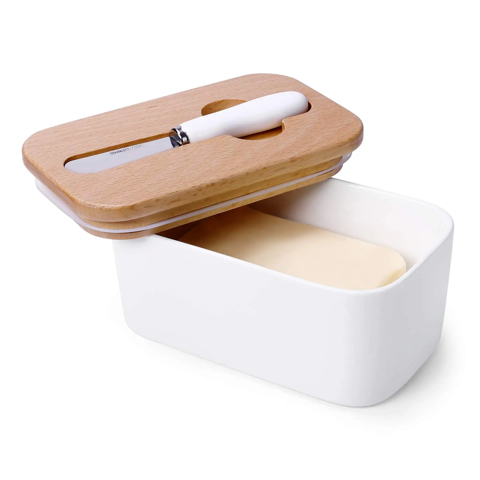 Custom ceramic food container round Rectangle Ceramic Large Butter Dish With Knife And Wooden Lid