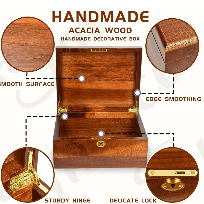 Wooden keepsake Box with Hinged Lid for Recipes Decorative Storage or as Keepsake Acacia Wood Decorative Storage Boxes
