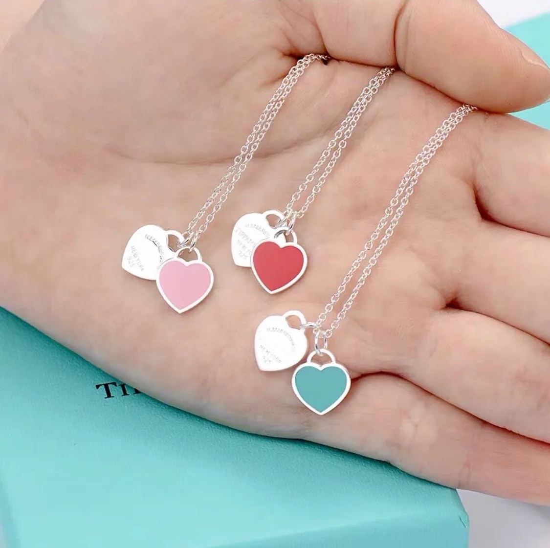 Wholesale 925 Sterling Silver Double Heart Charm Tiff and co necklace Pendant Enamel Love Necklace Luxury Brand Jewelry
