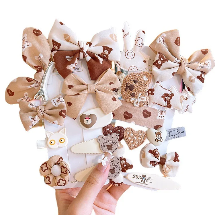 9 Pcs/Set Cartoon Brown Bear Girls Hair Accessories Set Children Kid Sweet Barrettes Fashion Headbands Hair Clips For Baby