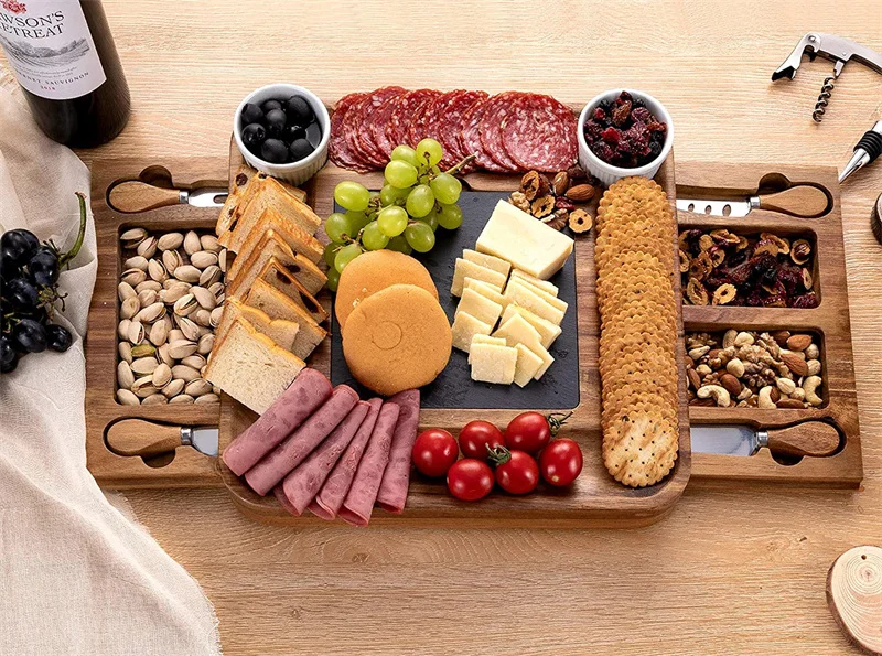 Hot Sales Square Acacia Wood Charcuterie Cheese Board with Stainless Cutlery and Slide-Out Drawer