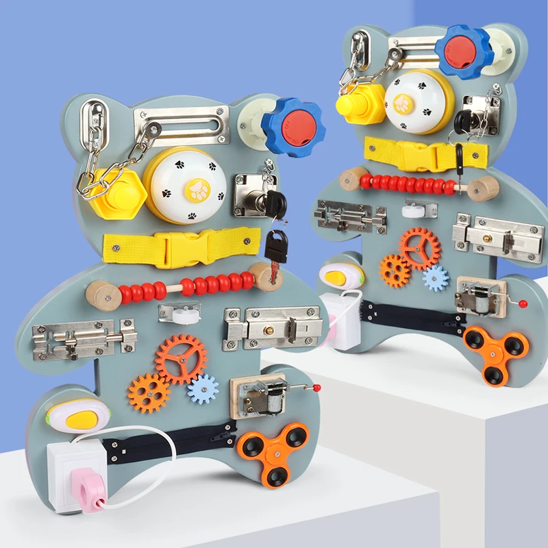 Montessori Cartoon Wooden Toys  Bear  Board Buckle Life skills Training Kids Early Educational Sensory Felt  Board