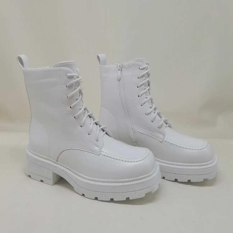 Combat Boots Women White PU Leather Motorcycle Boots Punk Gothic Shoes Fashion Lace Up Black Ankle Boots Female Shoes