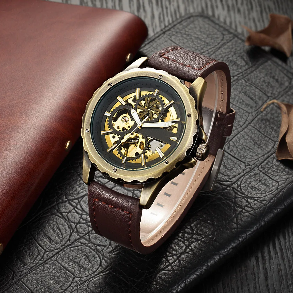 
Antique Bronze Watches Men Automatic Skeleton Wristwatches Vintage Top Men Luxury Brand Mechanical Watches Male Clock Gift 