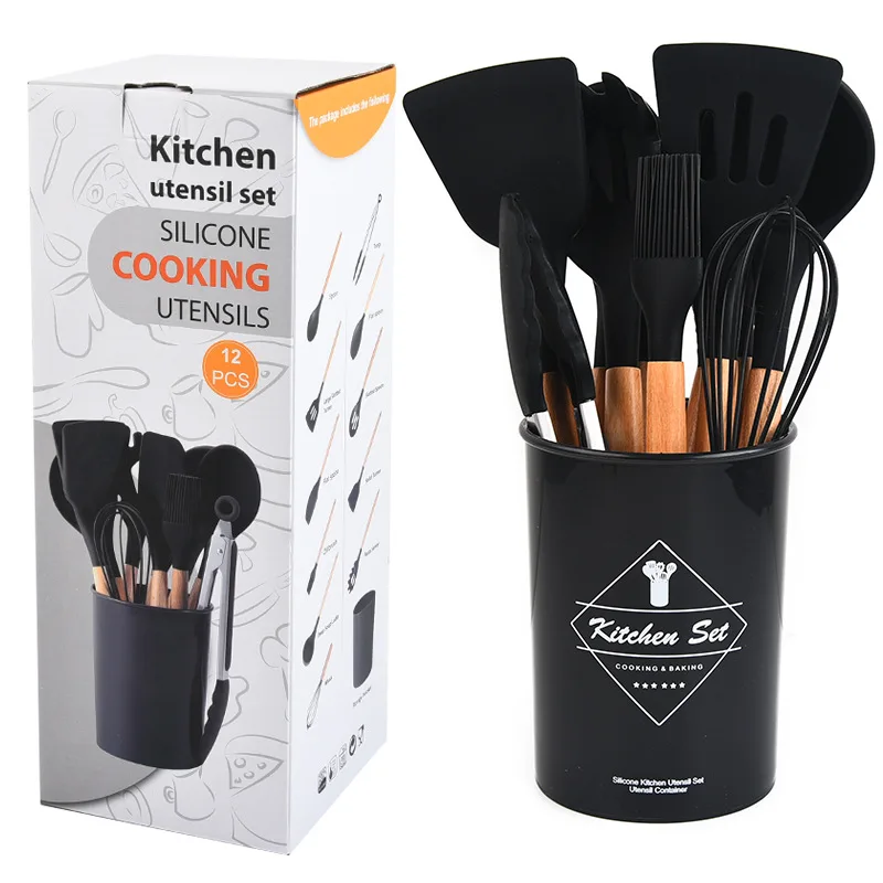 Food Grade 12pcs Kitchen Gadgets Tool for house Silicone Kitchen Utensils Wooden Set Silicon Kitchen Tools Set