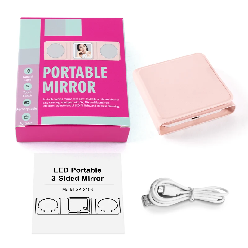 Spot Goods Pu Material Fold Travel Cosmetic Mirror Portable Hand Pocket Mirror Compacts Mini Led Vanity Mirror