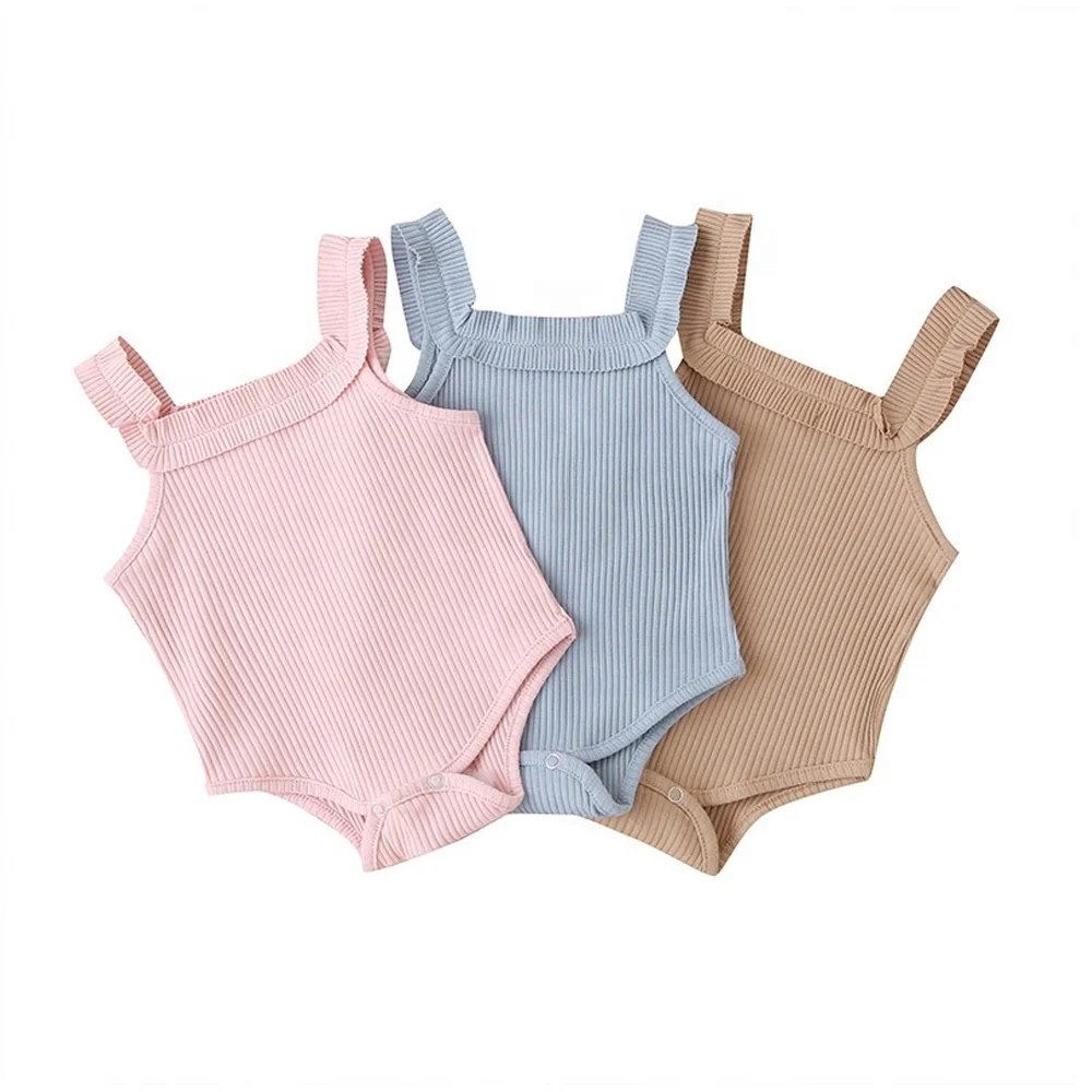 Factory custom Summer breathable stretchy rib cotton blank solid color bodysuits for baby girls sleeveless baby girl bodysuit