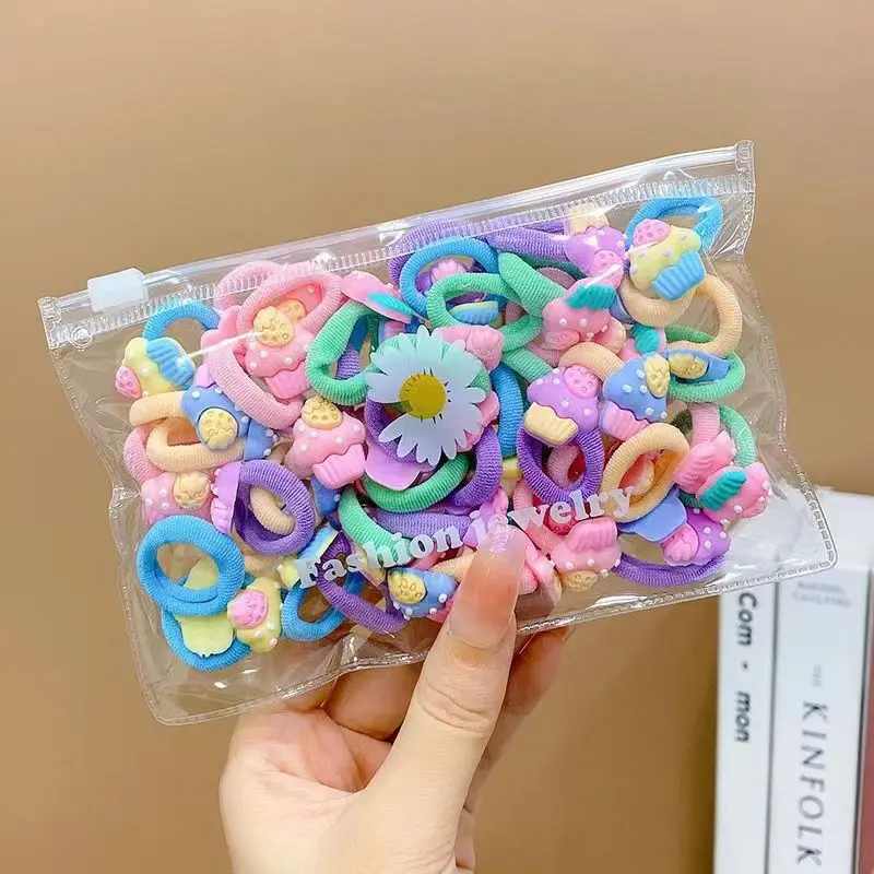 50pcs/bag cute hair circle hair accessories for kids flower cartoon hair rubber bands