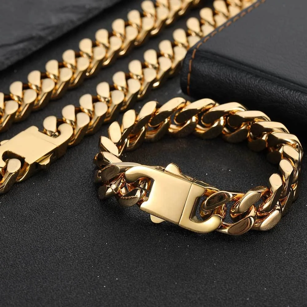 Men Stainless Steel Flat 18K Gold Plated Miami Hiphop Cuban Chain Necklace Bracelet Set Jewelry Factory Price Wholesale