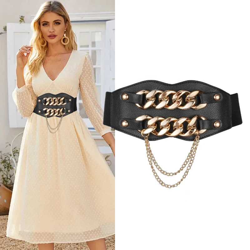 Women Elastic Wide Girdle Double Row Gold Chain Women Dress Belt Fashion Coat Sweater Women PU Belt