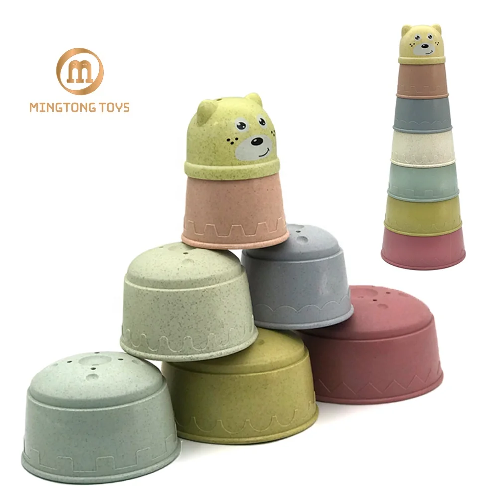 Wholesale educational kids wheat straw tower cute animal bear bath toys set stacking cups for baby