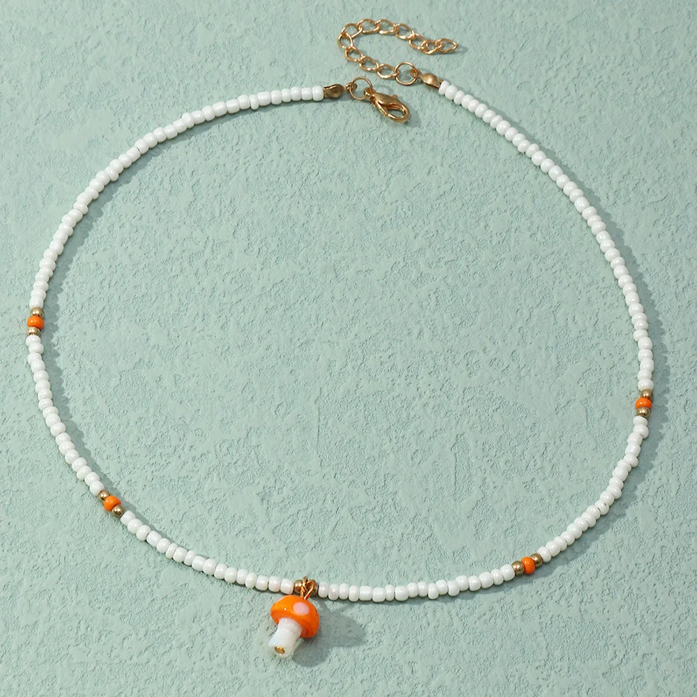 Bohemian Adjustable Choker Necklace Sweet Mushroom Seed Bead Pendant Necklace Jewelry for Women Party